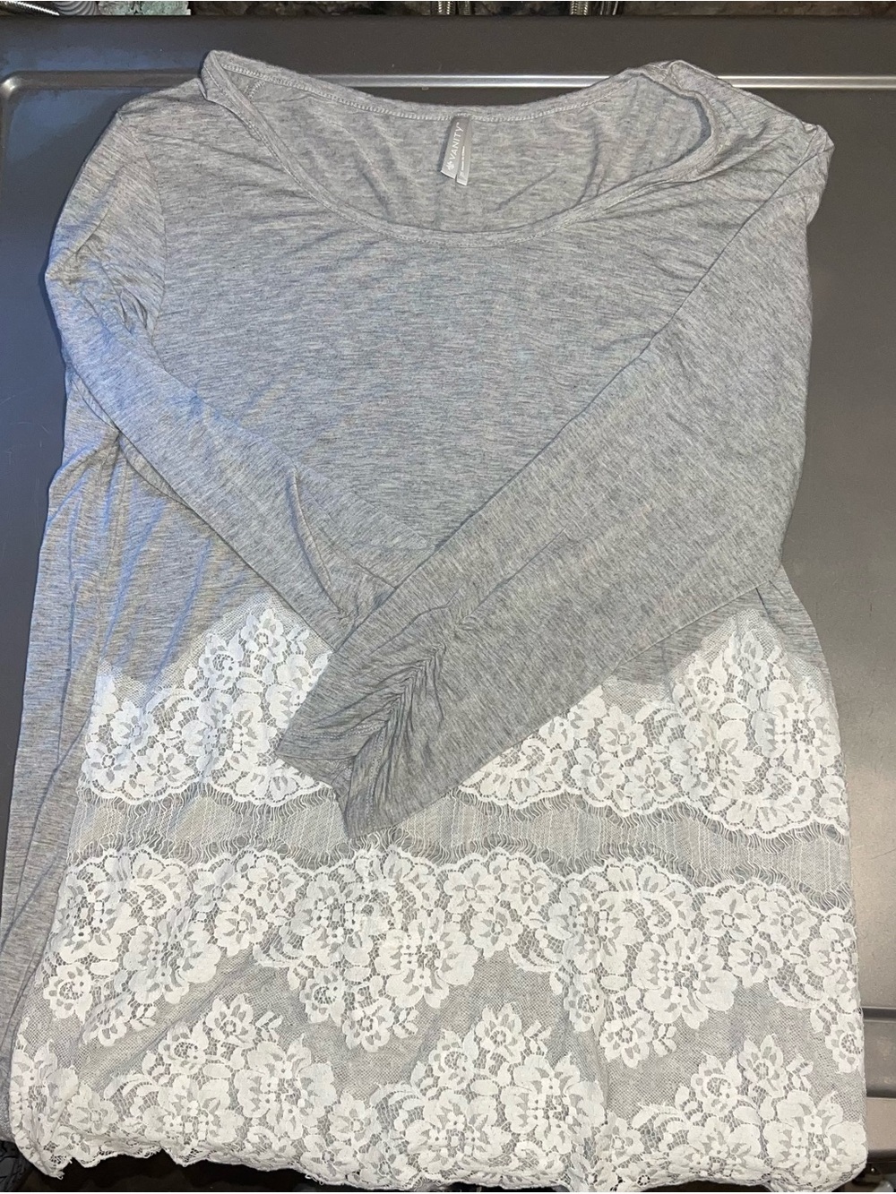 Vanity Gray Long-Sleeve Top with White Lace Hem